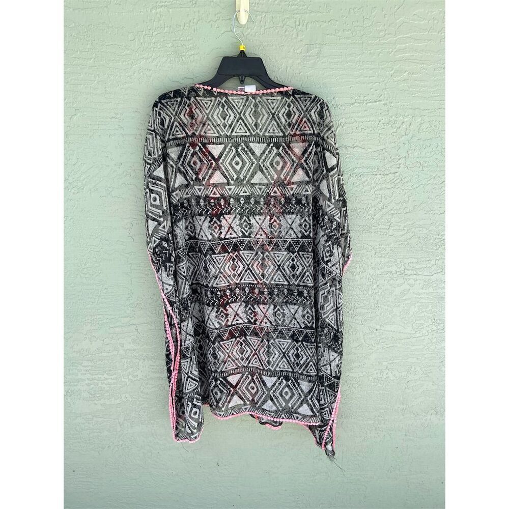 JC Swim Bohemian Fringe Kimono Cardigan Black/White Pink Tassels OSFM - Picture 2 of 4